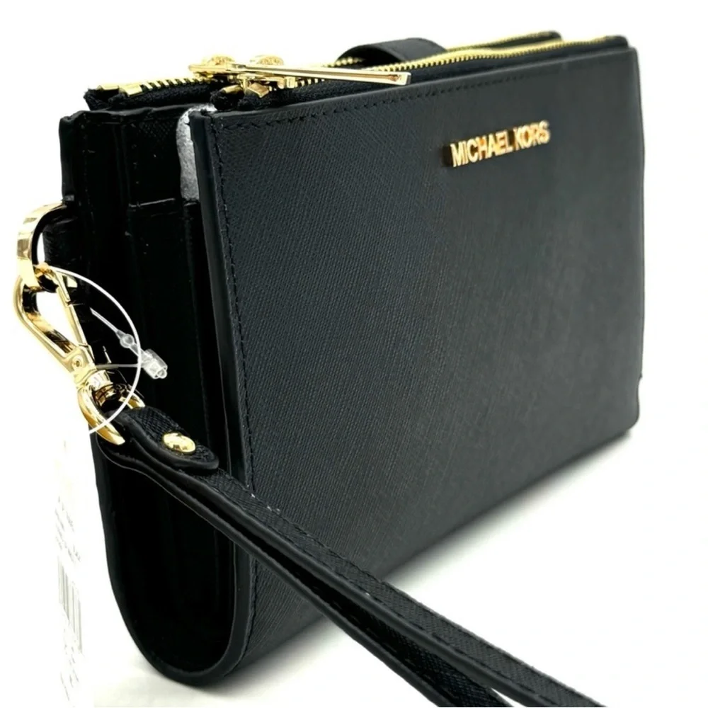 Michael Kors Large Double Zip Wallet Wristlet Black/Gold